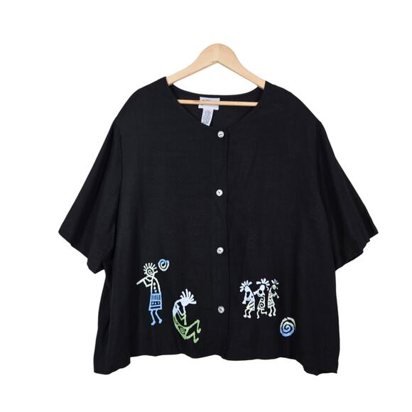 Vintage Tops - VTG More Jasmine by KVM Top 3X Black Button Front Art To Wear Tribal Lagenlook